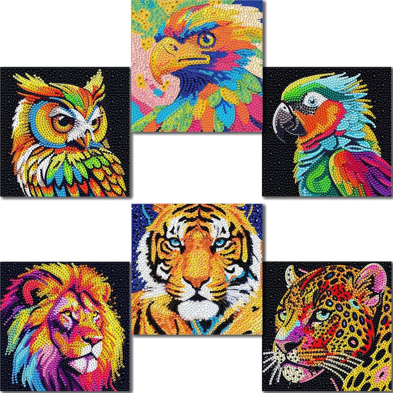 Diamond Painting for Kids 8–12 – 6 Pcs Animal Diamond Dots Kits, Arts & Crafts Gift for Boys & Girls, 6" x 6" (Tiger, Leopard, Owl, Eagle, Parrot, Lion)